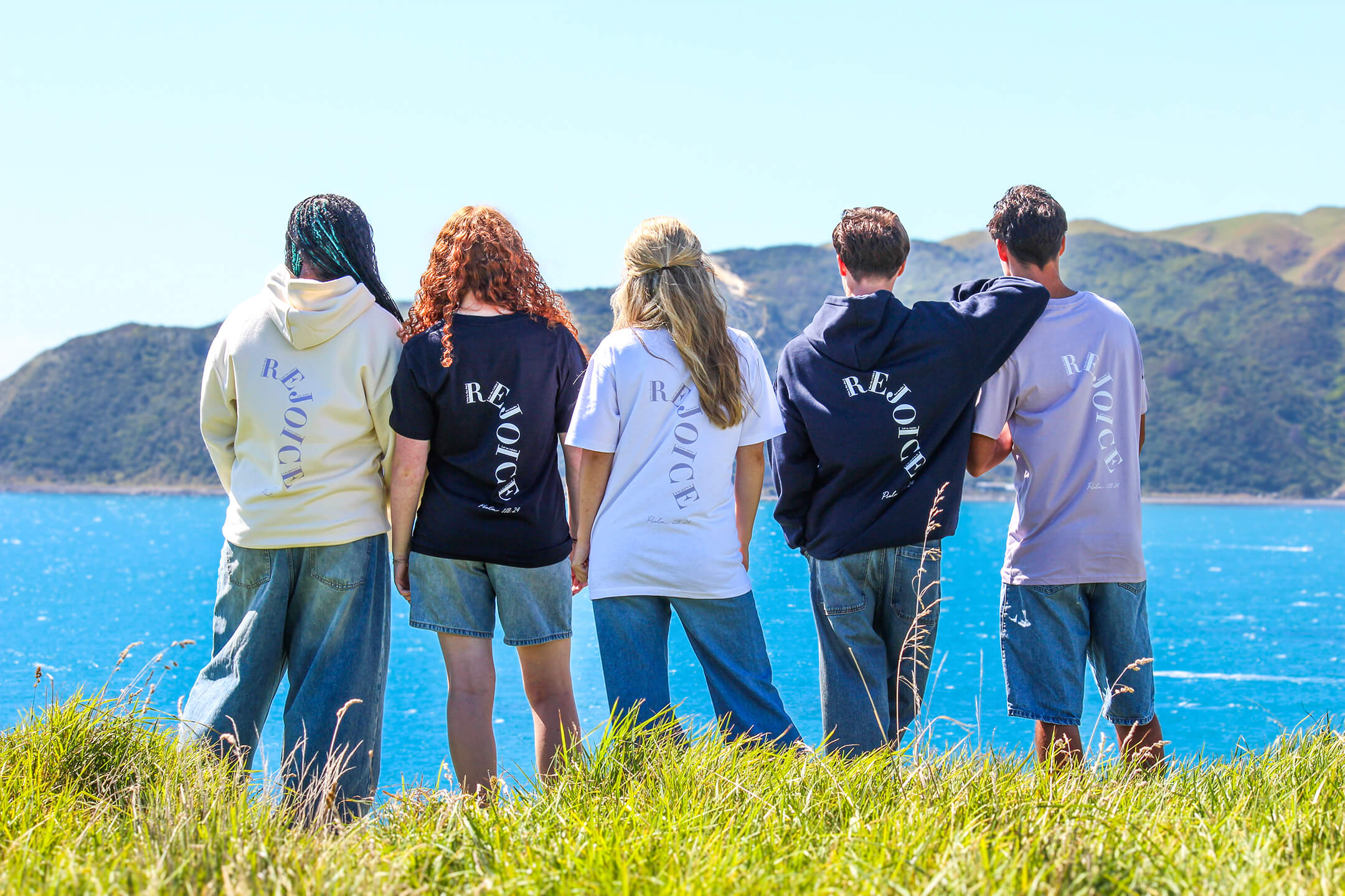 Sons and Daughters Rejoice Collection - Ivory and Navy Rejoice Hoodie and Navy, White and Purple Rejoice T-shirt.  Psalm 118