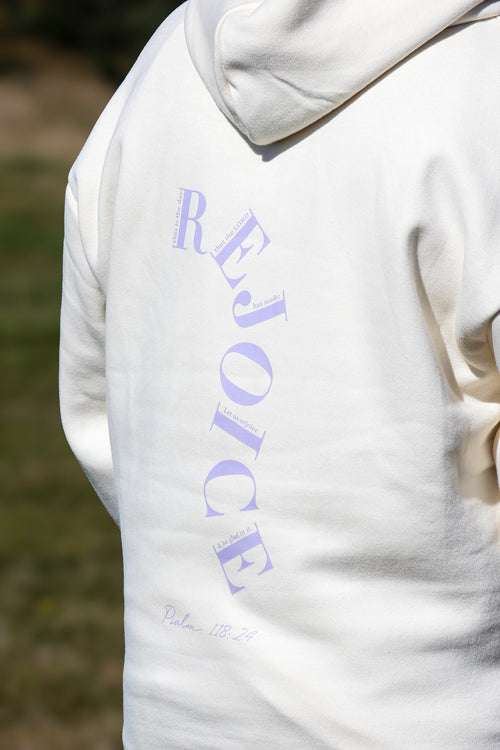 Close up of the back of the Sons and Daughters Rejoice Hoodie in Ivory