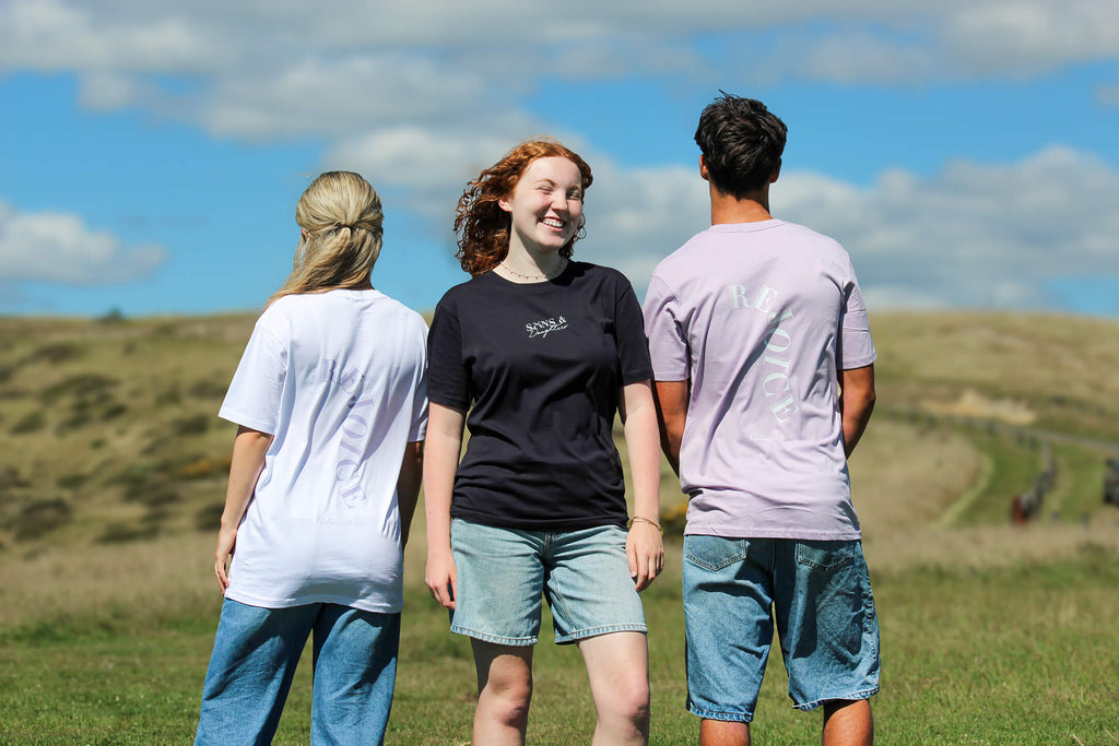 Sons and Daughters Rejoice T-shirt in white, purple and navy