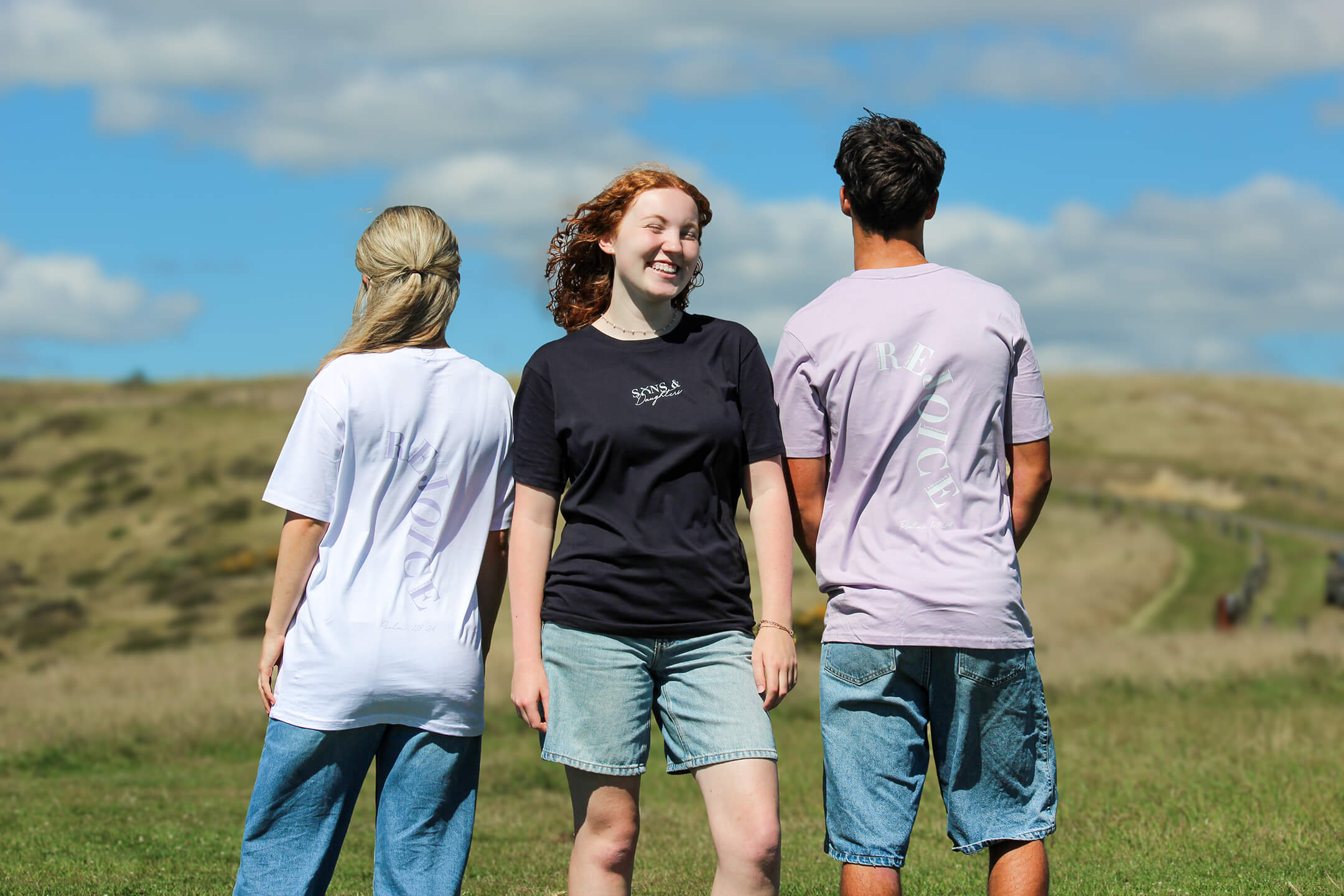 Sons and Daughters Rejoice T-shirt in white, purple and navy