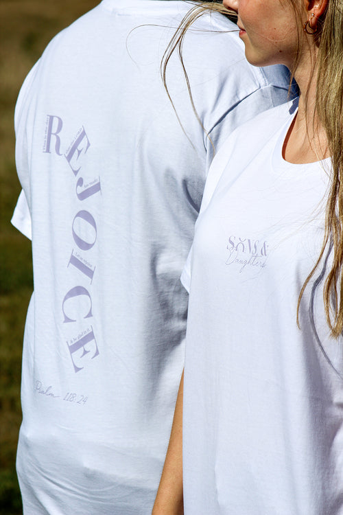 Close up of the Sons and Daughters Rejoice T-shirt in White with Purple
