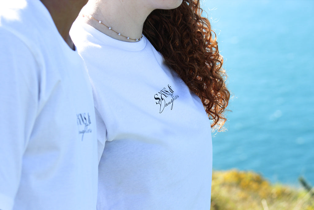 Close up of the back of the Sons and Daughters Staple T-shirt in white